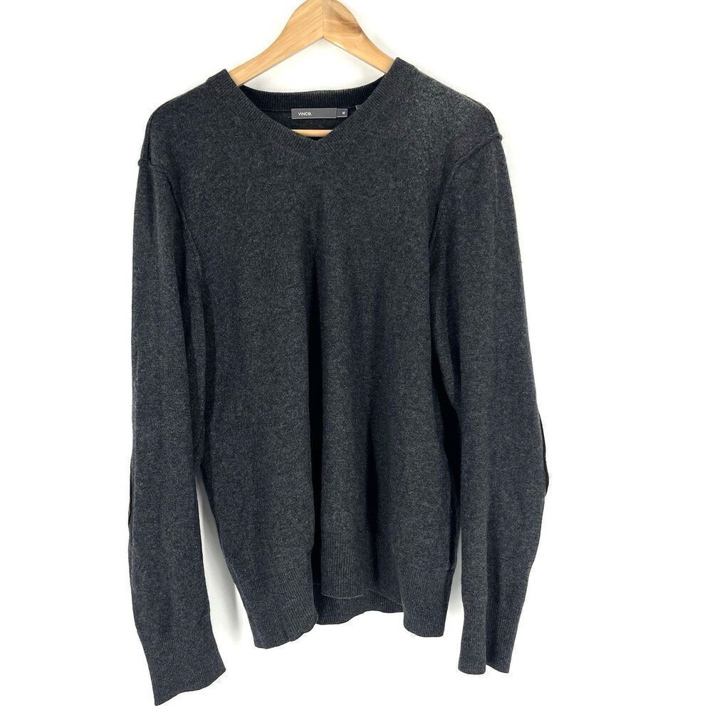 Vince Cashmere Sweater Size Medium Mens Gray Raglan Pullover Elbow Patch V Neck